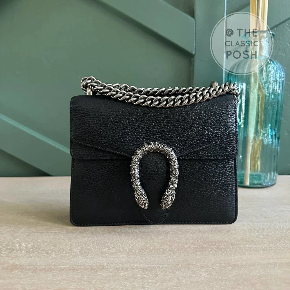 EUC GUCCI Dionysus Mini Black Crossbody Bag Silver Leather